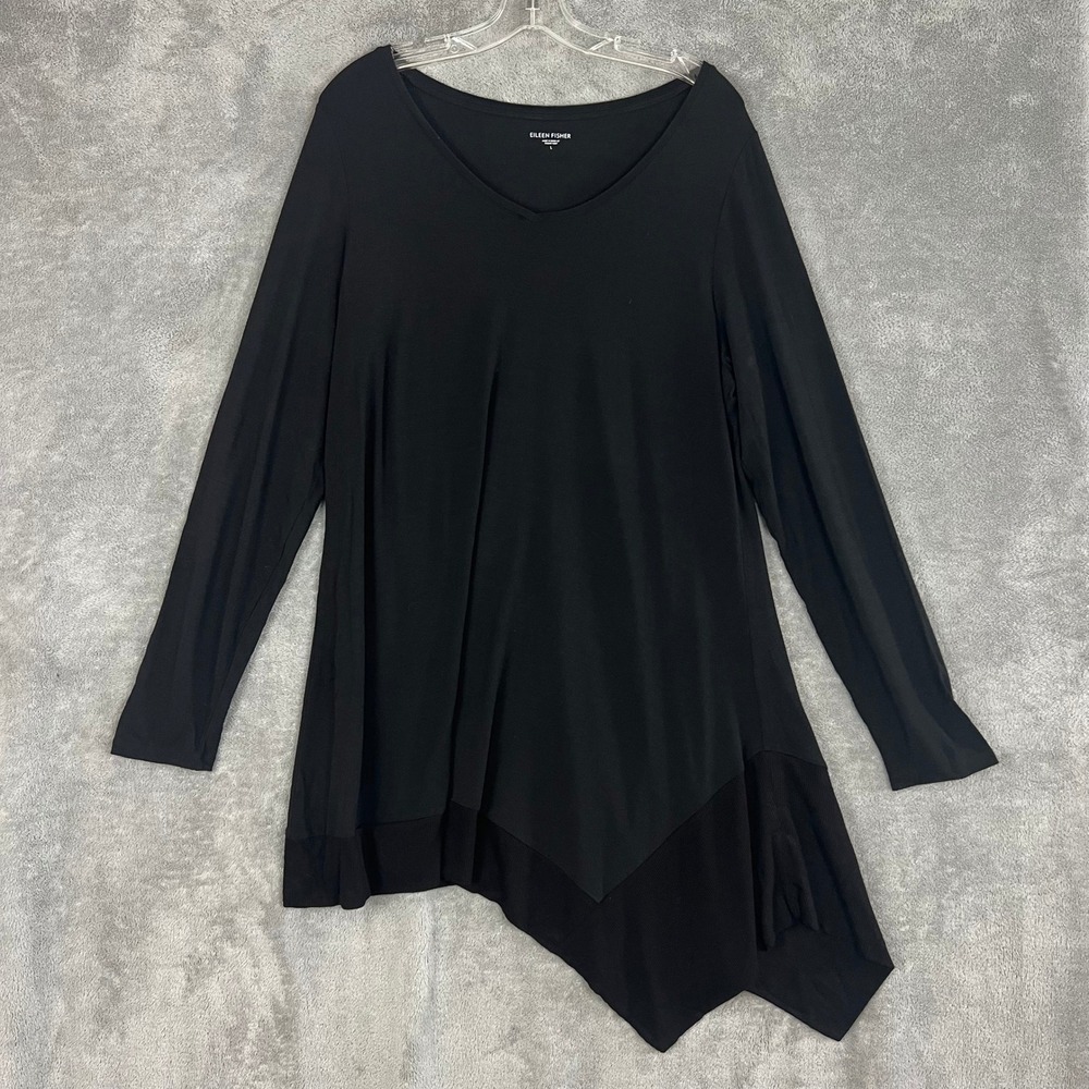 Eileen Fisher Stretch Knit Top Womens L Black Asymetrical Sustainable